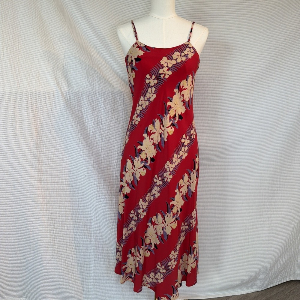 Avanti Vtg Silk Hawaiian Floral Slip Dress Red Tropical Midi Spaghetti Strap M